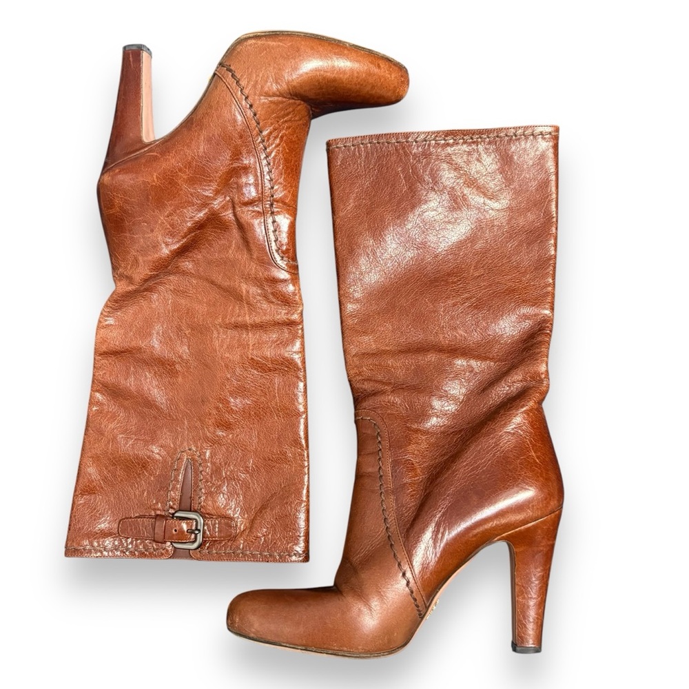 Prada Boots heeled tan Brown Leather Women’s size 36.5 / 6.5 made in Italy shoes - Picture 4 of 9
